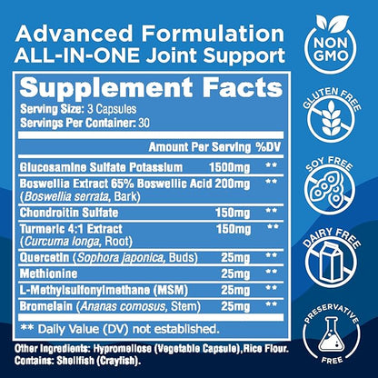 Glucosamine Chondroitin MSM with Turmeric 180 Capsules - Joint Supplements for Women & Men – with Boswellia, Quercetin – Clear Joint Support Supplement for Flexibility, Mobility, Cartilage Repair