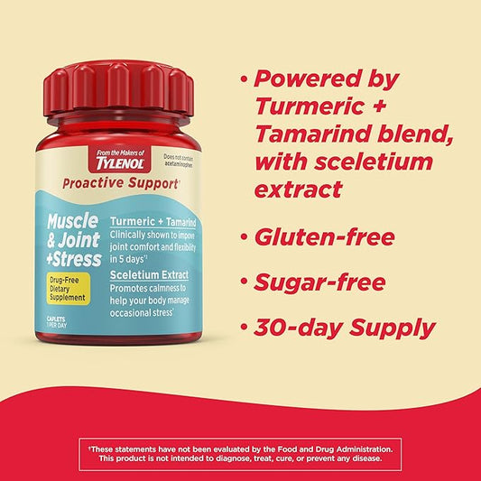 Tylenol Proactive Support* Muscle & Joint Supplements + Stress, Drug Free, Tamarind + Turmeric Supplement + Sceletium Extract to Improve Joint Comfort & Flexibility*, 30 ct