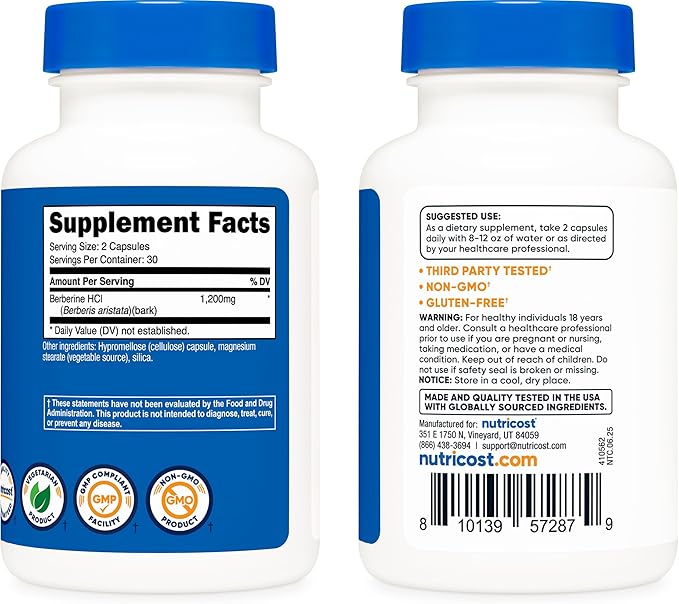 Nutricost Berberine HCl 1200mg , 60 Vegetarian Capsules - Gluten Free & Non-GMO