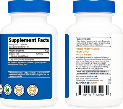 Nutricost Berberine HCl 1200mg , 60 Vegetarian Capsules - Gluten Free & Non-GMO