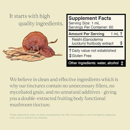 Reishi Mushroom Extract - Double Extracted Fruitbody Mushroom Tincture | Wellness Booster, Improve Sleep, Balance Hormones (60 Servings)