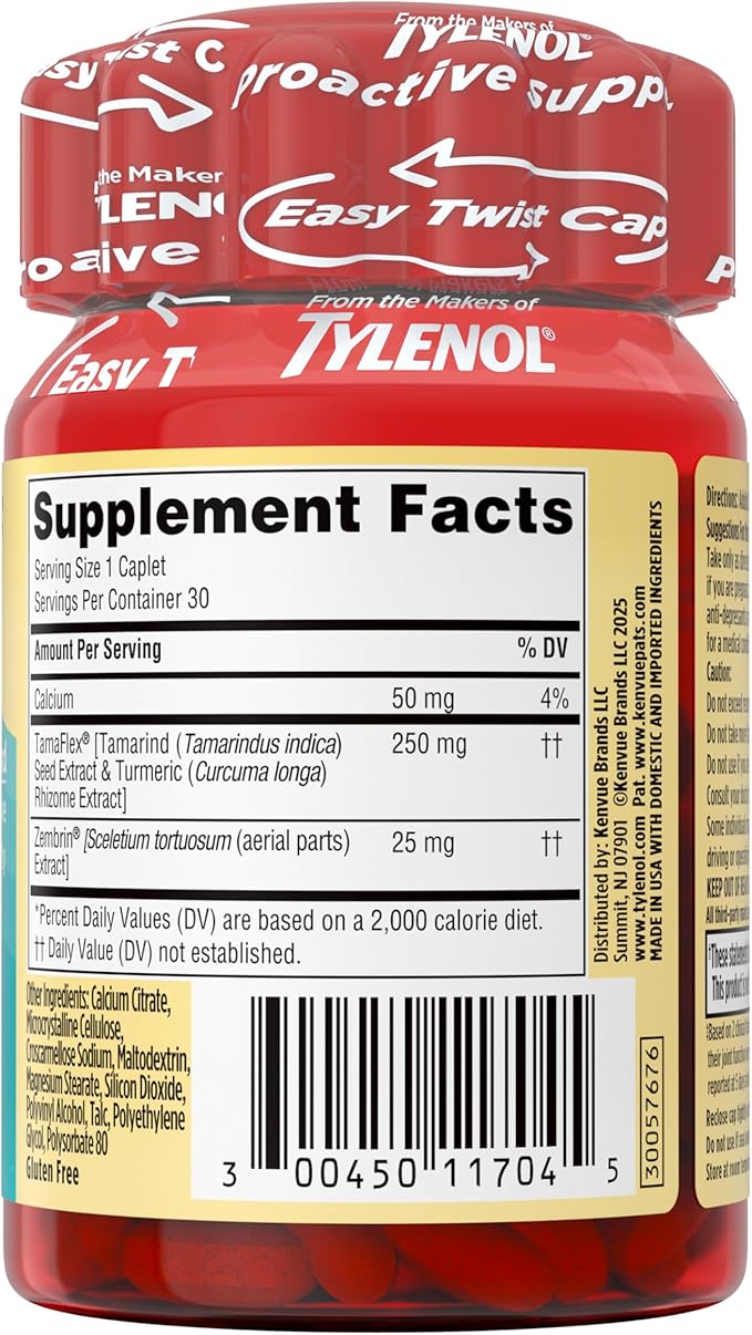 Tylenol Proactive Support* Muscle & Joint Supplements + Stress, Drug Free, Tamarind + Turmeric Supplement + Sceletium Extract to Improve Joint Comfort & Flexibility*, 30 ct