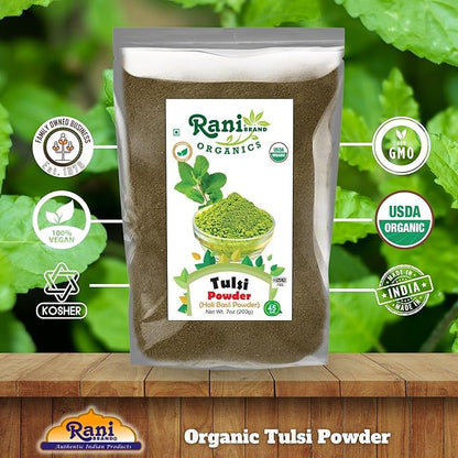 Rani Organic Tulsi Powder (Holi Basil Powder) 7oz (200g) ~ All Natural | No Color | Gluten Friendly | Vegan | NON-GMO | Kosher | No Salt or fillers | Indian Origin | USDA Organic Certified