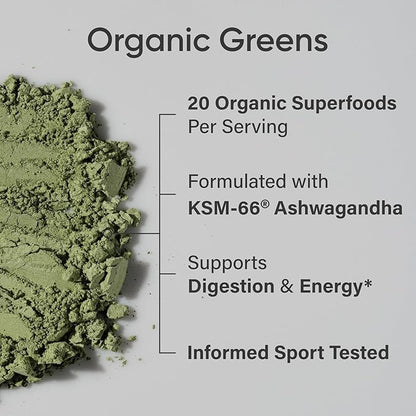Sports Research® Organic Greens Superfood Powder w/Spirulina & Chlorella, Adaptogens, Enzymes, Probiotics & 8 VIT Bs for Gut & Mood Support* - Vegan, Sugar-Free & Low-Cal Original 20 Servings