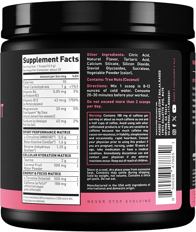 Kaged Sport Pre Workout Powder for Men & Women, Watermelon, Sport Certified, 188mg Caffeine, Nitric Oxide Supplement, Beta Alanine for Energy, Weightlifting, Cardio Endurance & Strength, 20 Servings