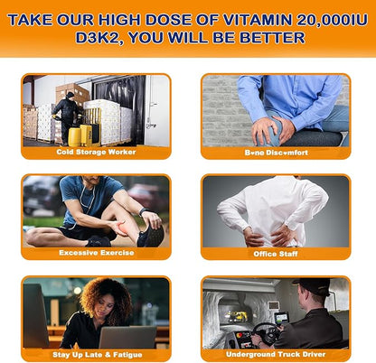 Vitamin D3 20,000 IU + Vitamin K2( MK7 )200mcg - Optimal Vitamin D3 & K2 Softgel - Strong Bones & Muscle, Calcium Absorption & Immune Support, Helping Vitamin D Deficiencies, Easy to Swallow, Non GMO