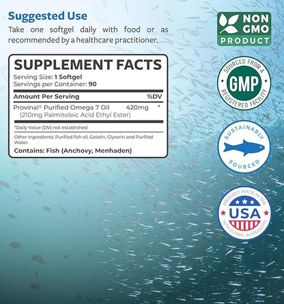Omega 7 Supplement for Women and Men - High Potency & Purity Palmitoleic Acid Fatty Acid Fish Oil Supplement from Patented Provinal with Lowest Palmitic Acid - Sustainably Sourced (3 Month Supply)
