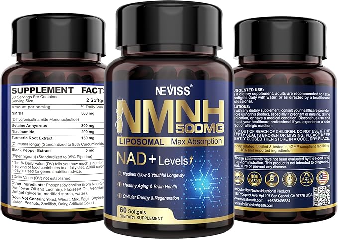 NAD+ Supplement, Next-Gen NMNH Liposomal 500mg, NR NMN Supplement Alternative, High Absorption NAD+ with Curcumin, Niacinamide for Cellular Energy, DNA Repair, Healthy Aging, 60 Softgels