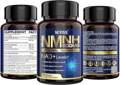 NAD+ Supplement, Next-Gen NMNH Liposomal 500mg, NR NMN Supplement Alternative, High Absorption NAD+ with Curcumin, Niacinamide for Cellular Energy, DNA Repair, Healthy Aging, 120 Softgels
