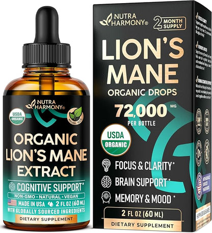 Lions Mane Liquid - USDA Certified Organic Lions Mane Supplement - Brain Support, Energy, Memory & Focus - Sugar & Alcohol-Free Lions Mane Mushroom Extract 72,000 mg / Bottle - 2 Fl OZ, 2 Month Supply