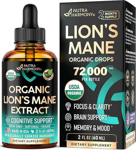 Lions Mane Liquid - USDA Certified Organic Lions Mane Supplement - Brain Support, Energy, Memory & Focus - Sugar & Alcohol-Free Lions Mane Mushroom Extract 72,000 mg / Bottle - 2 Fl OZ, 2 Month Supply