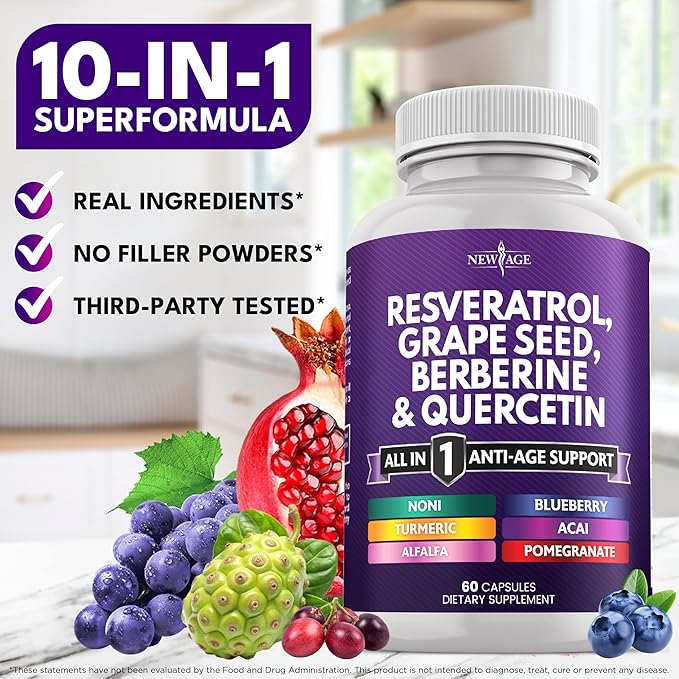 NEW AGE Resveratrol, Berberine, Grape Seed Extract, Quercetin - Polyphenol Supplement for Women and Men with Noni Extract, N-Acetyl Cysteine, Acai Extract - 60 Capsules
