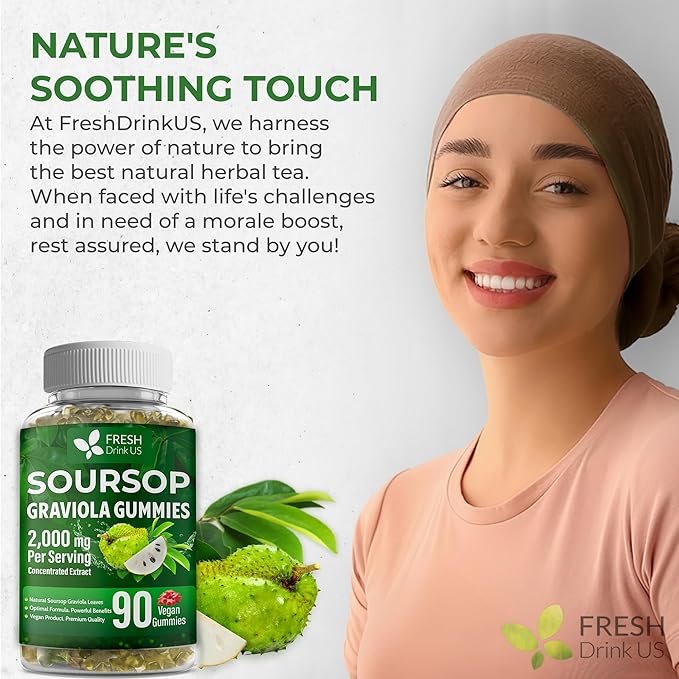 FRESHDRINKUS, Premium 90 Soursop Graviola Gummies, 2000mg per Serving, 45 Days Supply – 100% from Natural Soursop Graviola Leaves Extract, Vegan, Non-GMO, Gluten-Free (90 Gummies)