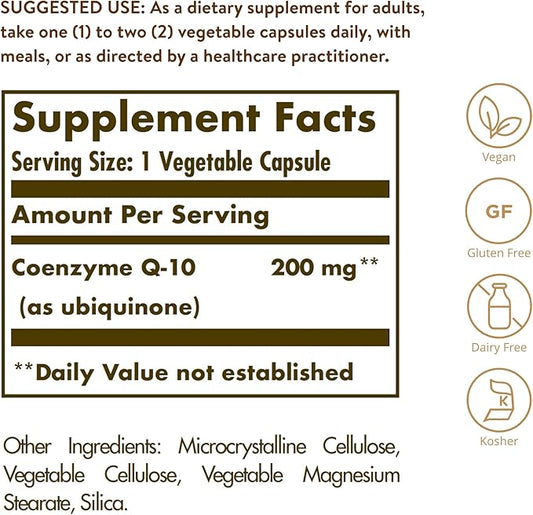 Solgar Vegetarian CoQ-10 200 mg, 60 Vegetable Capsules - Heart Healthy, Protective Antioxidant - Coenzyme Q10 (CoQ-10) Supplement - Vegan, Gluten Free, Dairy Free, Kosher - 60 Servings