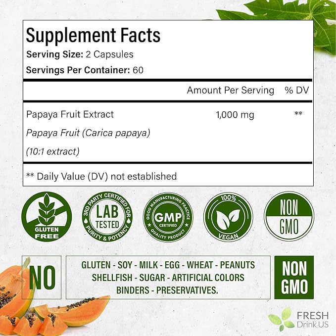 FRESHDRINKUS, 120 Papaya Fruit Extract Capsules| Papain Enzyme| 100% from Natural Papaya Fruit Extract| 500mg per Capsule| 1,000mg per Serving| 60 Days Supply| Vegan Capsulesc Non-GMO, Gluten-Free