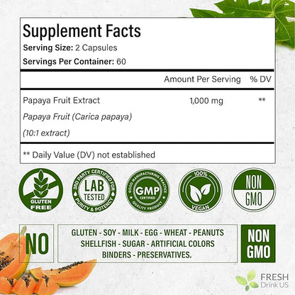 FRESHDRINKUS, 120 Papaya Fruit Extract Capsules| Papain Enzyme| 100% from Natural Papaya Fruit Extract| 500mg per Capsule| 1,000mg per Serving| 60 Days Supply| Vegan Capsulesc Non-GMO, Gluten-Free