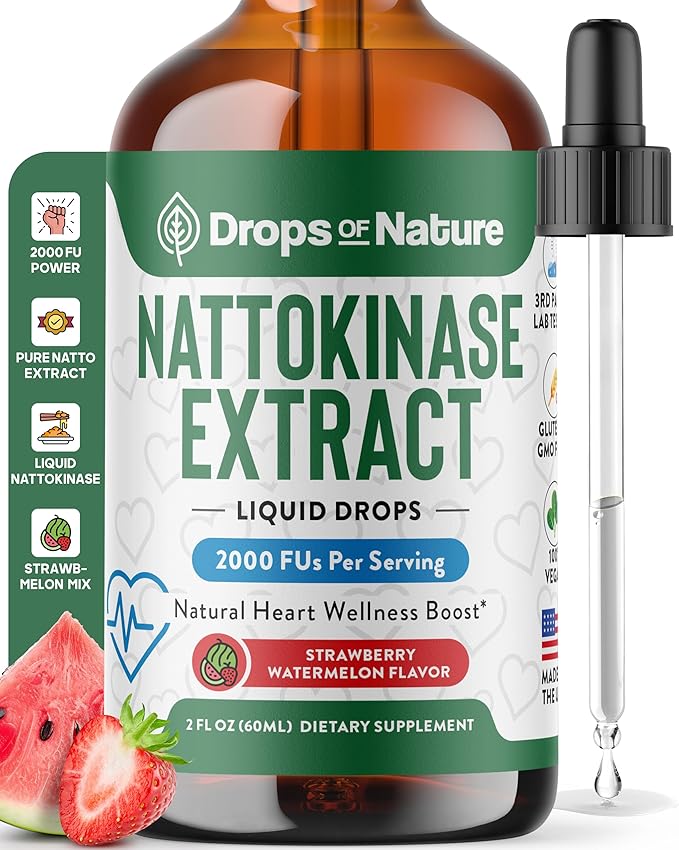 Nattokinase Supplement Liquid Drops – Made of Nattokinase 2000 FU Extract – Vegan, GMO-Free – Liquid Alternative to Natto Veggie Caps – Aids in Maintaining Heart Wellness (Strawberry Watermelon, 60mL)