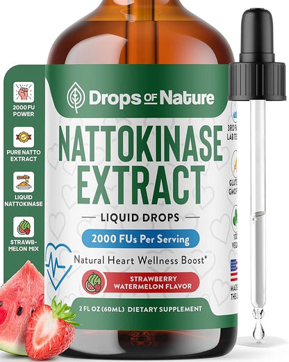Nattokinase Supplement Liquid Drops – Made of Nattokinase 2000 FU Extract – Vegan, GMO-Free – Liquid Alternative to Natto Veggie Caps – Aids in Maintaining Heart Wellness (Strawberry Watermelon, 60mL)