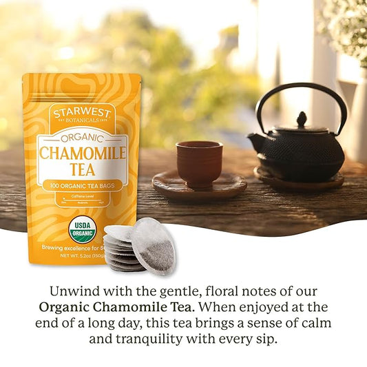 Starwest Botanicals Organic Chamomile Tea - Caffeine Free Herbal Tea, Supports Sleep & Relaxation, String Free Sachets, USDA Organic Chamomile, Non GMO - Bulk Pack, 100 Tea Bags