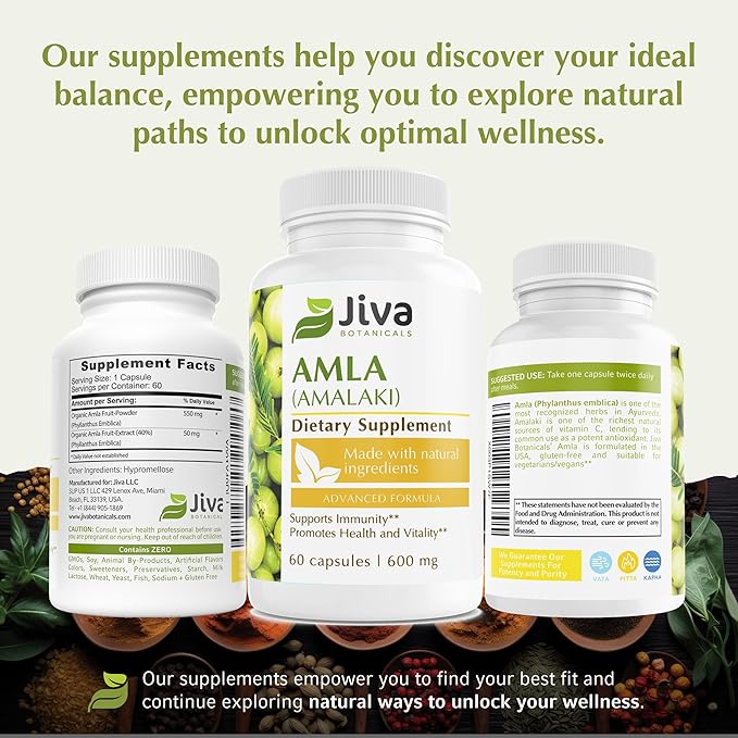 Jiva Botanicals Amla Capsules (Amalaki) - 120 Vegan Capsules - Amla Powder - Indian Gooseberry Supplement for Vitality (Pack of 120)
