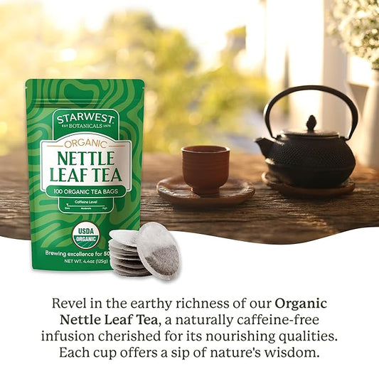 Starwest Botanicals Organic Nettle Leaf Tea - Caffeine Free Herbal Tea, Promotes Calm, USDA Organic Nettle Leaf, String Free Sachets, Non GMO - Bulk Pack, 100 Tea Bags
