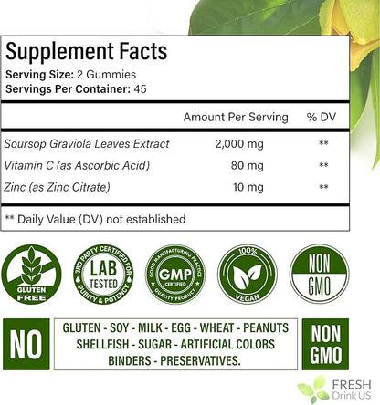 FRESHDRINKUS, Premium 90 Soursop Graviola Gummies, 2000mg per Serving, 45 Days Supply – 100% from Natural Soursop Graviola Leaves Extract, Vegan, Non-GMO, Gluten-Free (90 Gummies)