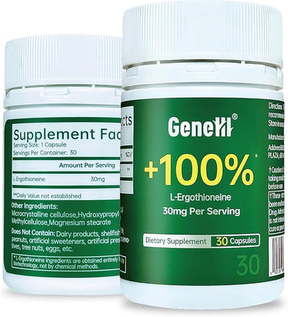 L-Ergothioneine Supplement, 30mg(EGT)/Serving, 6X Ergothioneine Mushroom Extract Supplements Longevity, Immune Support, Heart Health & Brain Supplement, Lab Tested, Made in USA (30 Servings)