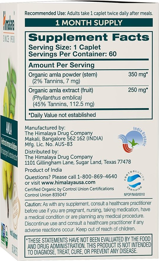 Himalaya Organic Amla Natural Antioxidant for Immune Support, 60 Caplets, 1 Month Supply
