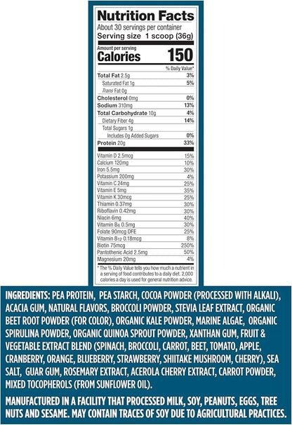 Vega Protein + Nutrition - 20g Plant-Based Pea Protein, Chocolate, 30 Servings, Vegan Keto Superfood, Antioxidant-Rich, Gluten Free, Dairy Free, Low Carb, 2.4lbs (Packaging May Vary)