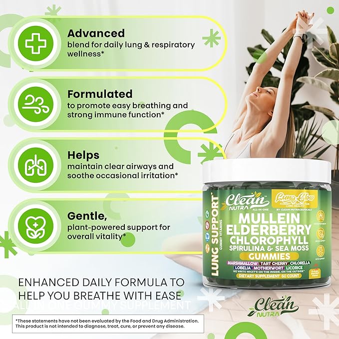 Clean Nutra Mullein Elderberry Chlorophyll Spirulina Sea Moss Gummies | 60 Count Vegan Gummy Supplement for Adults | Plant-Based Formula with Irish Moss, Herbal Extracts, and Superfood Greens