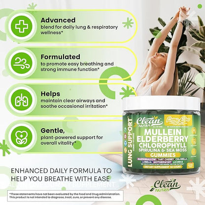 Clean Nutra Mullein Elderberry Chlorophyll Spirulina Sea Moss Gummies | 60 Count Vegan Gummy Supplement for Adults | Plant-Based Formula with Irish Moss, Herbal Extracts, and Superfood Greens