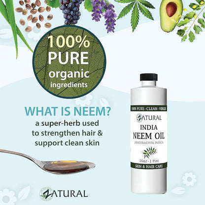 Zatural Organically Grown Neem Seed Oil 100% Pure Cold Pressed for Hair, Skin, Nails, Garden & Pets (16oz)