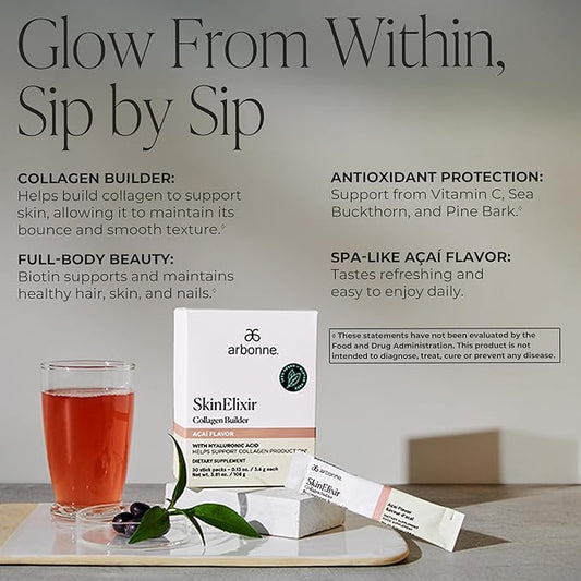 Arbonne SkinElixir Collagen Powder Builder - Açaí-Flavored Vegan Supplement for Women with Hyaluronic Acid, Vitamin C, Biotin & Antioxidants - Supports Healthy Skin, Hair & Nails - 30 Stick Packs