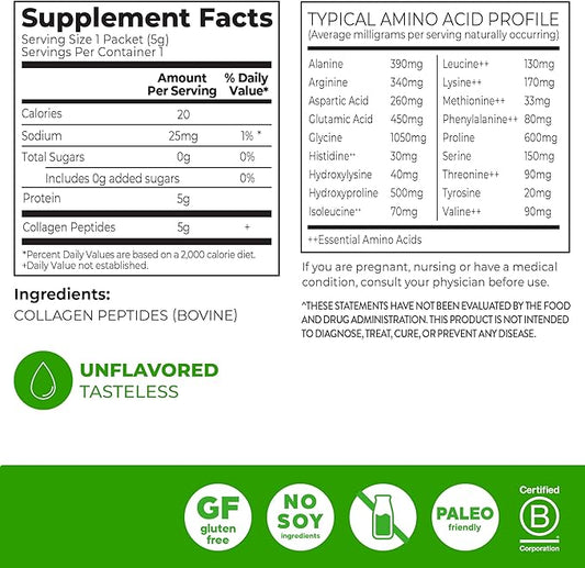 Orgain Hydrolyzed Collagen Peptides Travel Packets For Women & Men - 5g Grass Fed Collagen Per Serving, Hair, Skin, Nail & Joint Support Supplement, Non-GMO, Type I & III - Unflavored (25 Count)
