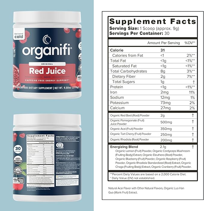 Organifi Red Juice - Energy Powder Reduces Afternoon Crashes and Boosts Digestion and Immune System, 30 Servings