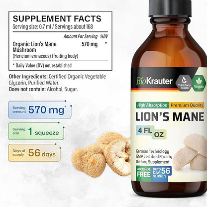 BIO KRAUTER Lions Mane Liquid Extract - Mushroom Supplement for Brain Support - Vegan Lions Mane Supplement - Alcohol & Sugar Free Drops - 4 Fl.Oz.