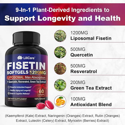 Fisetin Supplement - Liposomal Super Absorption 98% Pure 1200mg with Quercetin, Resveratrol, Green Tea Extract for Healthy Aging & Longevity, Skin Health, Brain & Antioxidant - 60 Softgels
