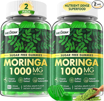 Organic Moringa Gummies 1000mg - Whole Food Green Superfood, Rich in Vegan Protein, Fiber, B-Complex, Potassium, Magnesium, Calcium - w/Spirulina, Saffron, Ashwagandha for Energy & Gut Health, 120Cts