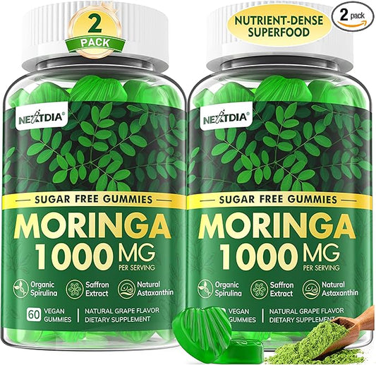 Organic Moringa Gummies 1000mg - Whole Food Green Superfood, Rich in Vegan Protein, Fiber, B-Complex, Potassium, Magnesium, Calcium - w/Spirulina, Saffron, Ashwagandha for Energy & Gut Health, 120Cts