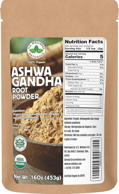 Organic Ashwagandha Root Powder | 1 Pound, No Filler, No Additives| Resealable Powder-Friendly Bag | Non-GMO | Indian Ginseng | Withania Somnifera| India Origin