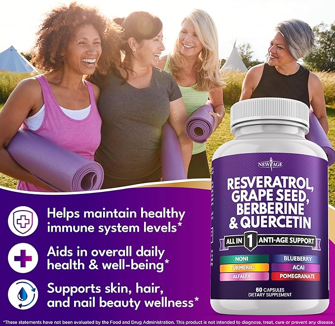 NEW AGE Resveratrol, Berberine, Grape Seed Extract, Quercetin - Polyphenol Supplement for Women and Men with Noni Extract, N-Acetyl Cysteine, Acai Extract - 60 Capsules