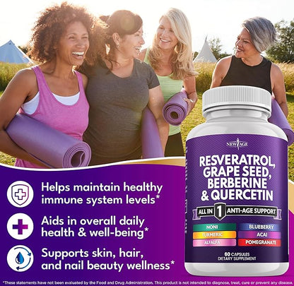 NEW AGE Resveratrol, Berberine, Grape Seed Extract, Quercetin - Polyphenol Supplement for Women and Men with Noni Extract, N-Acetyl Cysteine, Acai Extract - 60 Capsules