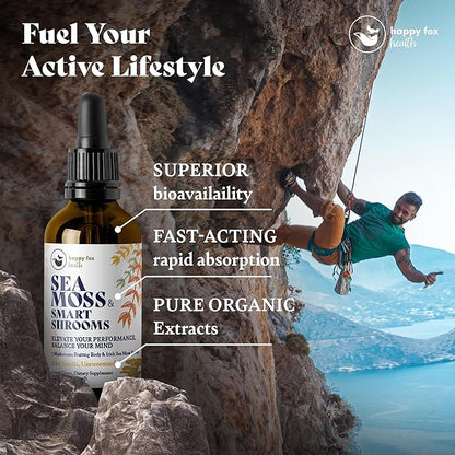 HAPPY FOX Irish Sea Moss Liquid Drops & Mushroom Tincture - Seamoss with 7 Adaptogenic Mushroom Extracts for Cognitive Support & Gut Health, Mushroom Coffee Elixir, Pure Vanilla Flavor