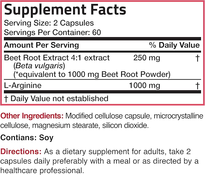 Bronson Beet Root + L-Arginine Nitric Oxide Production- Non-GMO, 120 Vegetarian Capsules