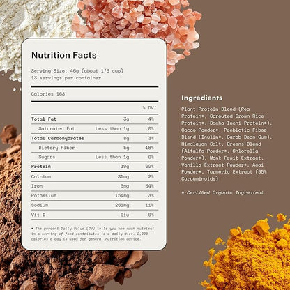 Synchro Genesis Plant Based Protein Powder | Chocolate Superfood | 30g of Organic Protein Per Serving | <1g Sugar | 1g Net Carbs | No Stevia | Superfoods + Prebiotics | Vegan + Keto Friendly