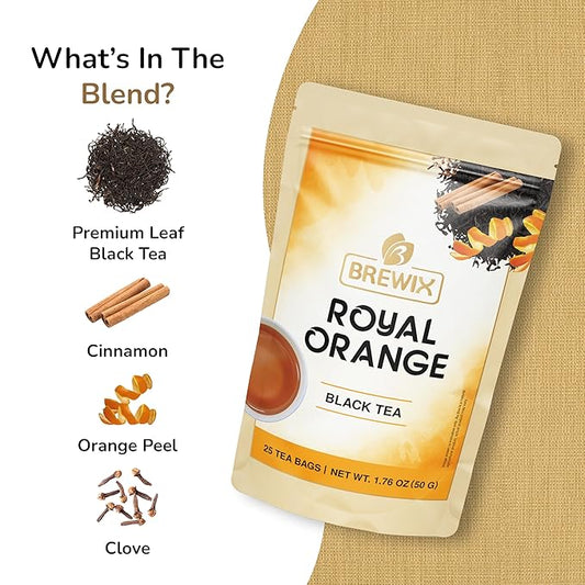 BREWIX, Royal Orange Spice Black Tea (25 Pyramid Tea Bags) | Tea with Orange and Spices | Premium Tea | Iced Tea Bags | Caffeinated And Sugar-Free