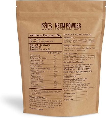 MB Herbals Pure Neem Powder 2 lb | 32 oz | 908 Gram | 100% Pure Wild-Crafted Neem Leaf Powder | Very Bitter Neem Supplement for Skin Hair & Detox | Azadirachta Indica