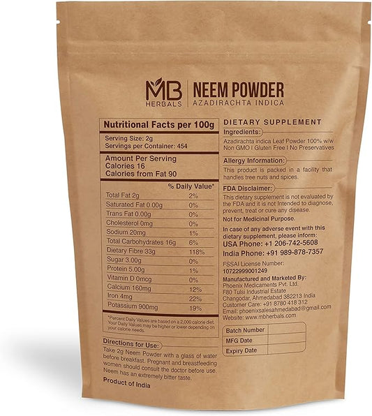 MB Herbals Pure Neem Powder 2 lb | 32 oz | 908 Gram | 100% Pure Wild-Crafted Neem Leaf Powder | Very Bitter Neem Supplement for Skin Hair & Detox | Azadirachta Indica