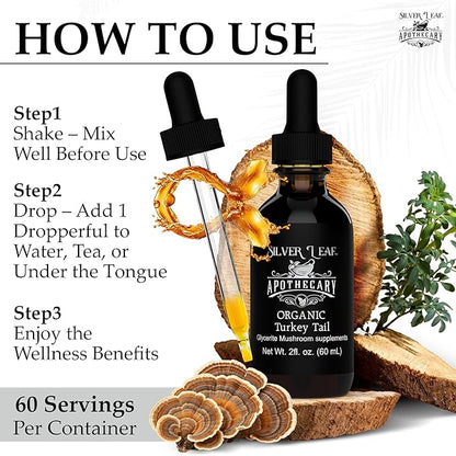 Silverleaf Apothecary Organic Triple-Extracted Turkey Tail Tincture Mushroom Supplement for Immune Support, Gastrointestinal & Gut Microbiome Wellness - 2 Fl Oz (60ml)
