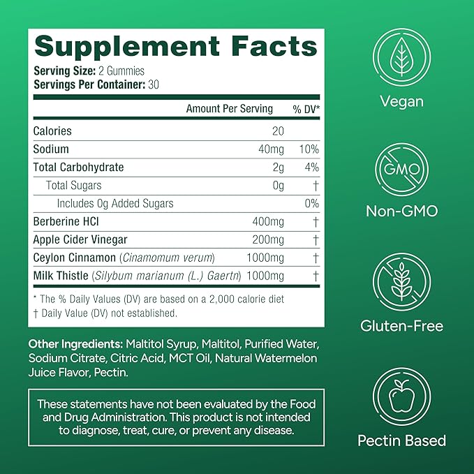 Upgraded Keto Berberine Complex Gummies (Sugar-Free) w Ceylon Cinnamon, Milk Thistle, ACV [AMPK Metabolic Activator] Berberine Supplement for Metabolism, Energy, Gut Health, Fasting, Body Mass Control